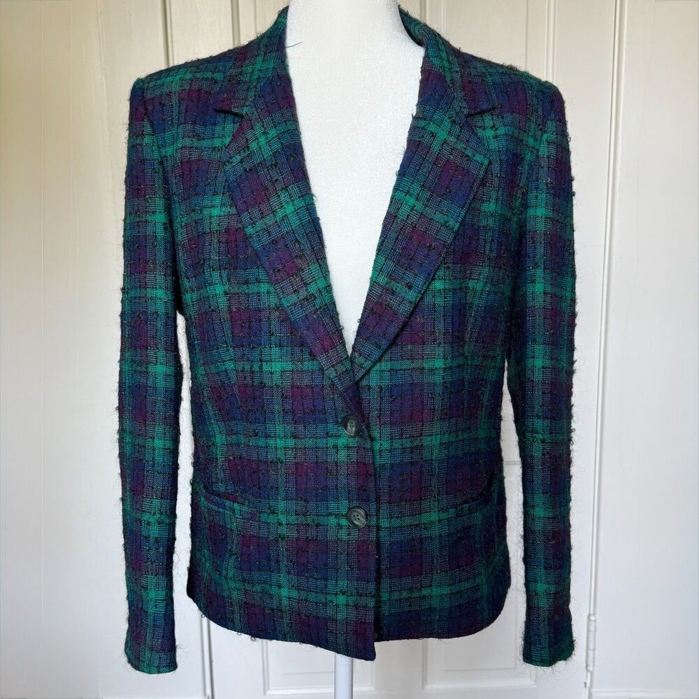 Vtg 80s Plaid Boucle Tweed Wool Blazer womens 10 green plaid preppy tailored